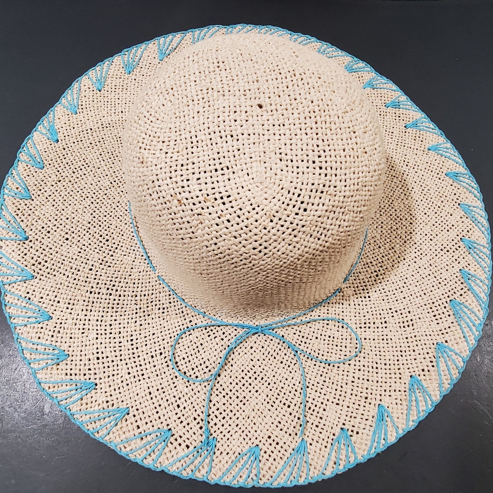 Sun Pool Beach Gardening Hat Natural w/Blue Accenting
